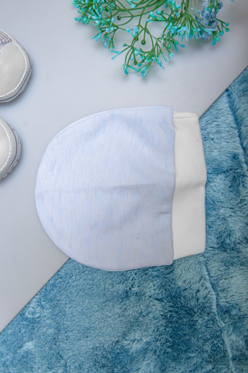 افرول أطفال ولادي قماش قطن سادة لون بيج مع سماوي بأكمام طويلة ورسومات كرتونية من الأمام مع طاقية رأس