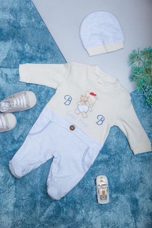 افرول أطفال ولادي قماش قطن سادة لون بيج مع سماوي بأكمام طويلة ورسومات كرتونية من الأمام مع طاقية رأس