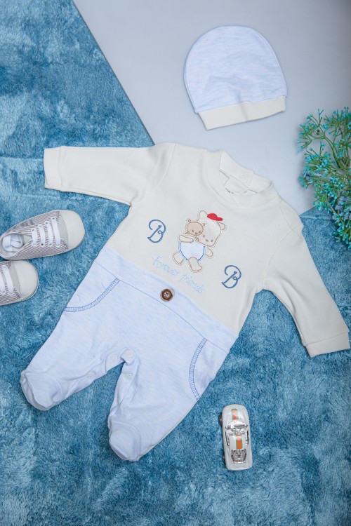 افرول أطفال ولادي قماش قطن سادة لون بيج مع سماوي بأكمام طويلة ورسومات كرتونية من الأمام مع طاقية رأس