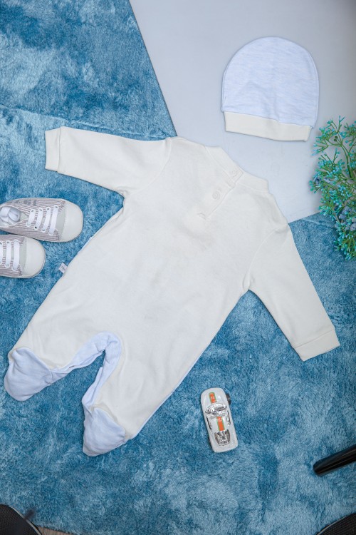 افرول أطفال ولادي قماش قطن سادة لون بيج مع سماوي بأكمام طويلة ورسومات كرتونية من الأمام مع طاقية رأس