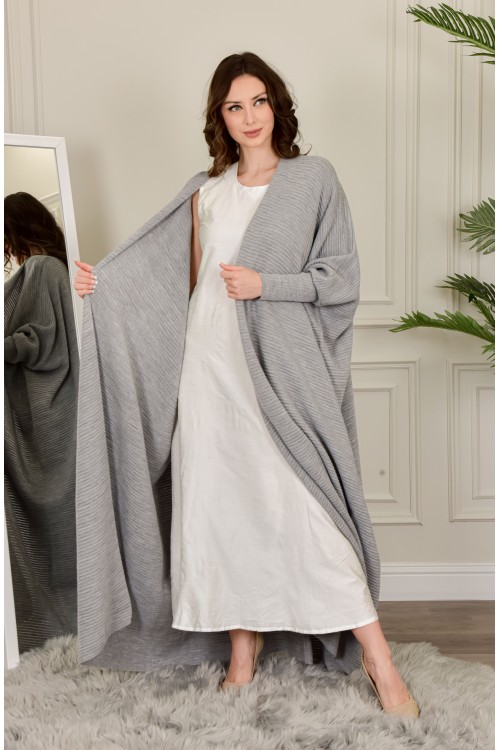 عباية شتوي نسائي تركي أنيقة لون رمادي مفتوحة من الأمام وأكمام ضيقة