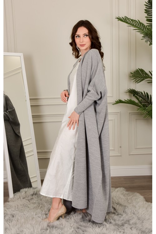 عباية شتوي نسائي تركي أنيقة لون رمادي مفتوحة من الأمام وأكمام ضيقة