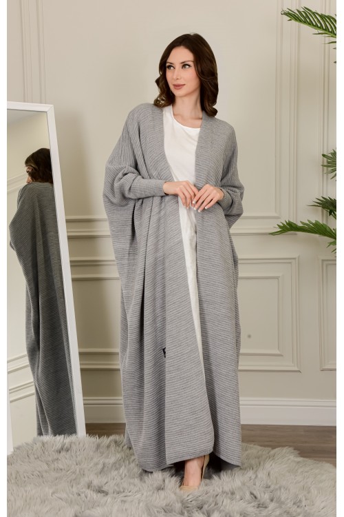 عباية شتوي نسائي تركي أنيقة لون رمادي مفتوحة من الأمام وأكمام ضيقة