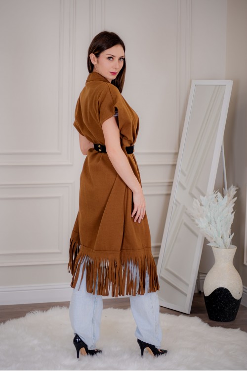 سترة كارديجان نسائي أنيقة بدون أكمام ومفتوحة من الأمام بدنانيش من الأسفل مع حزام خارجي