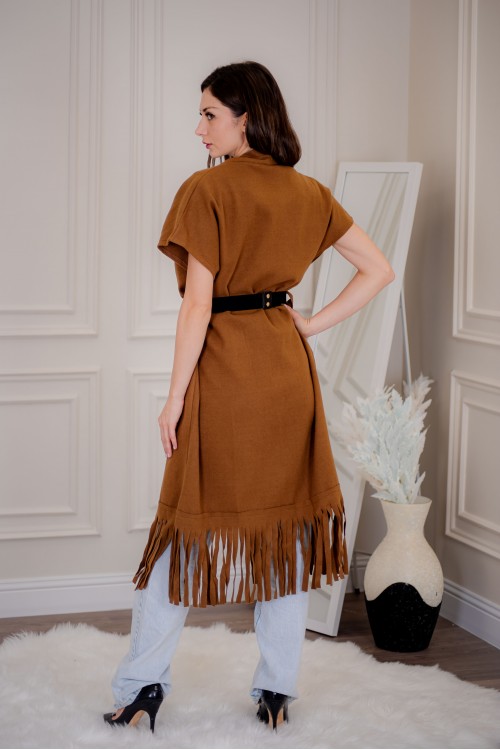 سترة كارديجان نسائي أنيقة بدون أكمام ومفتوحة من الأمام بدنانيش من الأسفل مع حزام خارجي