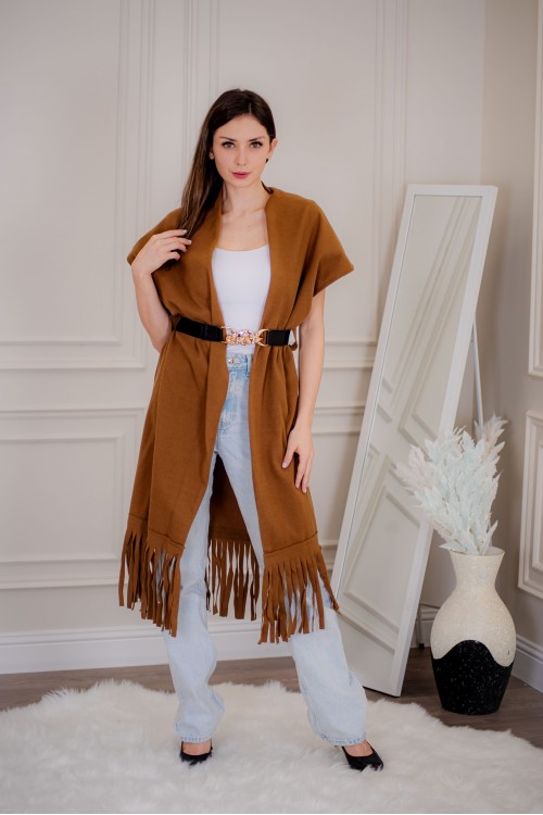 سترة كارديجان نسائي أنيقة بدون أكمام ومفتوحة من الأمام بدنانيش من الأسفل مع حزام خارجي