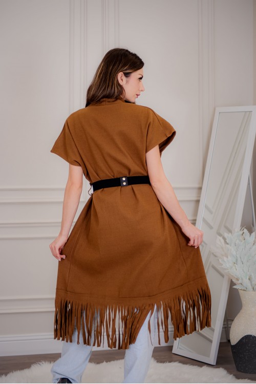 سترة كارديجان نسائي أنيقة بدون أكمام ومفتوحة من الأمام بدنانيش من الأسفل مع حزام خارجي