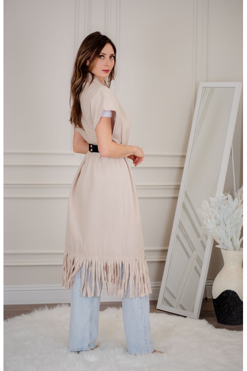 سترة كارديجان نسائي أنيقة بدون أكمام ومفتوحة من الأمام بدنانيش من الأسفل مع حزام خارجي