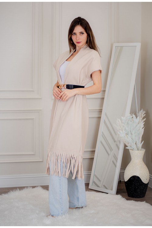 سترة كارديجان نسائي أنيقة بدون أكمام ومفتوحة من الأمام بدنانيش من الأسفل مع حزام خارجي