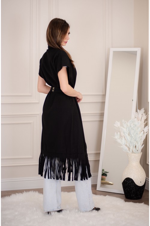 سترة كارديجان نسائي أنيقة بدون أكمام ومفتوحة من الأمام بدنانيش من الأسفل مع حزام خارجي