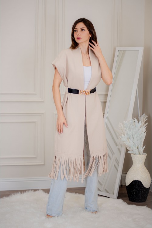 سترة كارديجان نسائي أنيقة بدون أكمام ومفتوحة من الأمام بدنانيش من الأسفل مع حزام خارجي