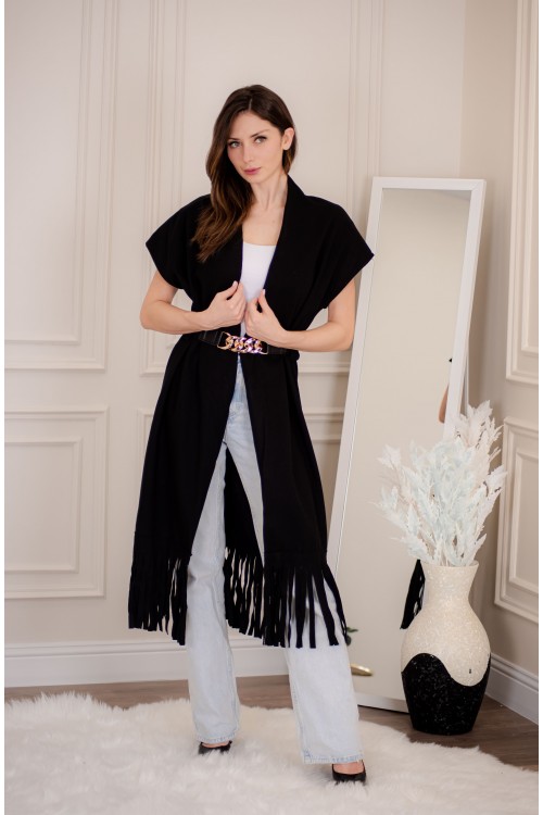 سترة كارديجان نسائي أنيقة بدون أكمام ومفتوحة من الأمام بدنانيش من الأسفل مع حزام خارجي