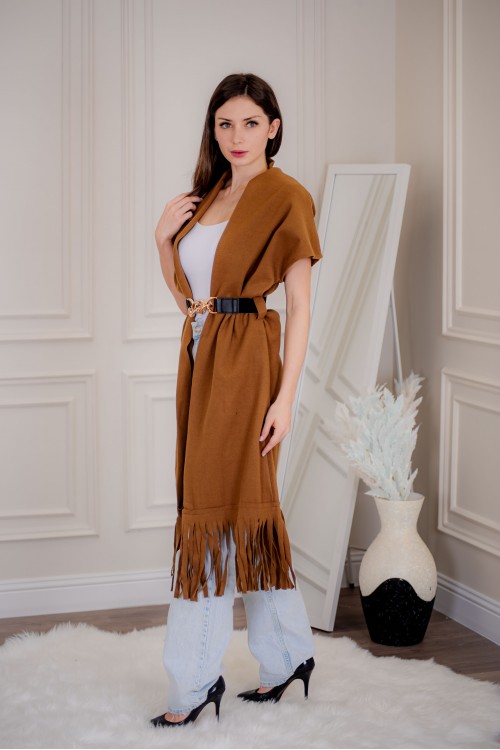 سترة كارديجان نسائي أنيقة بدون أكمام ومفتوحة من الأمام بدنانيش من الأسفل مع حزام خارجي