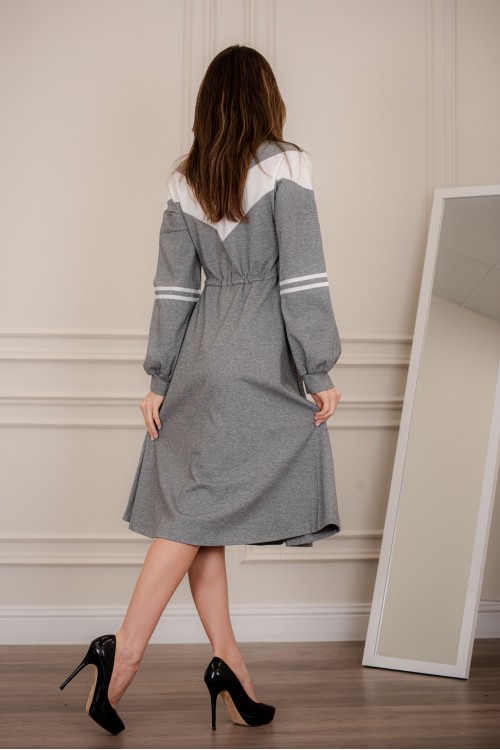 فستان شتوي نسائي قصير أنيق لون رمادي وأبيض بأكمام طويلة و رباط من الخصر وسحاب من الأمام