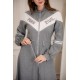 فستان شتوي نسائي قصير أنيق لون رمادي وأبيض بأكمام طويلة و رباط من الخصر وسحاب من الأمام