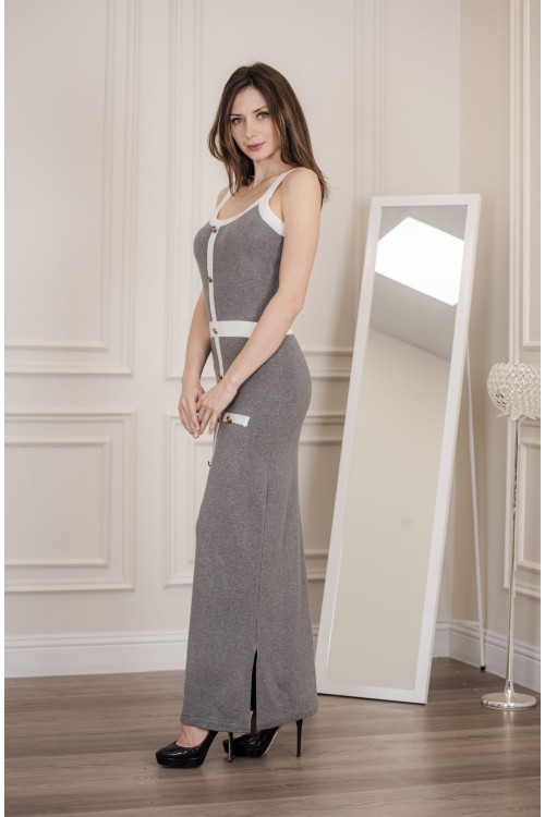 فستان شتوي نسائي أنيق بدون أكمام لون رمادي بأطرف باللون الأبيض وأزرار ذهبية بشكل جيوب من الأمام