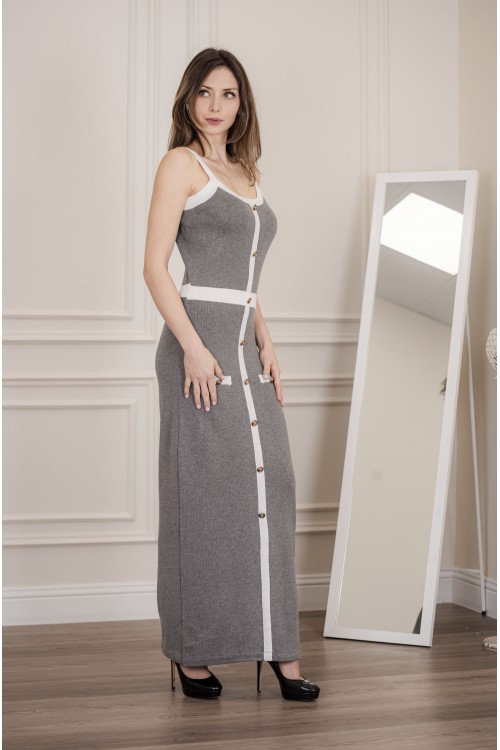 فستان شتوي نسائي أنيق بدون أكمام لون رمادي بأطرف باللون الأبيض وأزرار ذهبية بشكل جيوب من الأمام