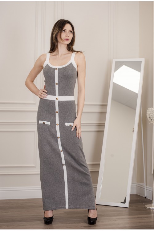 فستان شتوي نسائي أنيق بدون أكمام لون رمادي بأطرف باللون الأبيض وأزرار ذهبية بشكل جيوب من الأمام