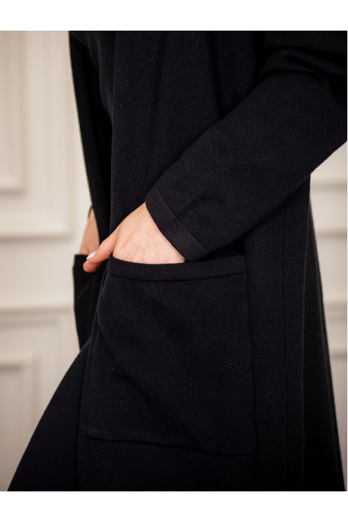 عباية شتوي نسائي تركي أنيقة لون أسود  مفتوحة من الأمام وجيوب من الأمام