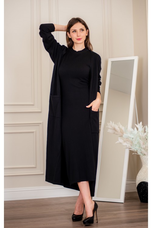 عباية شتوي نسائي تركي أنيقة لون أسود  مفتوحة من الأمام وجيوب من الأمام