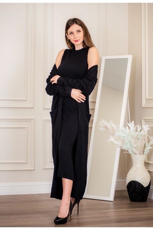 عباية شتوي نسائي تركي أنيقة لون أسود  مفتوحة من الأمام وجيوب من الأمام