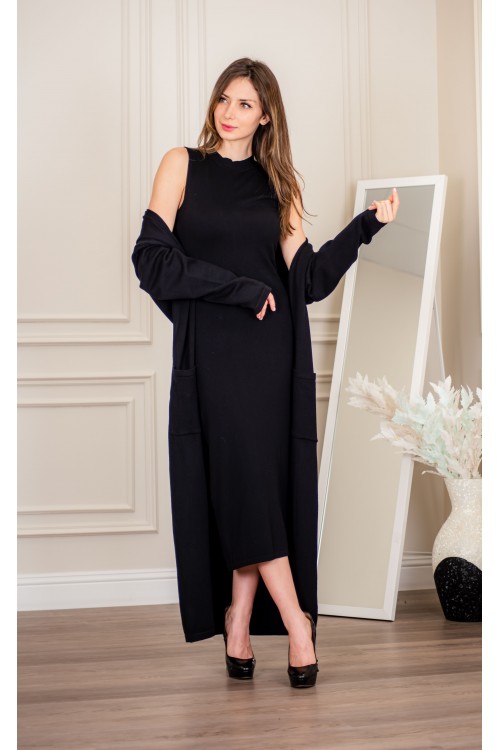 عباية شتوي نسائي تركي أنيقة لون أسود  مفتوحة من الأمام وجيوب من الأمام