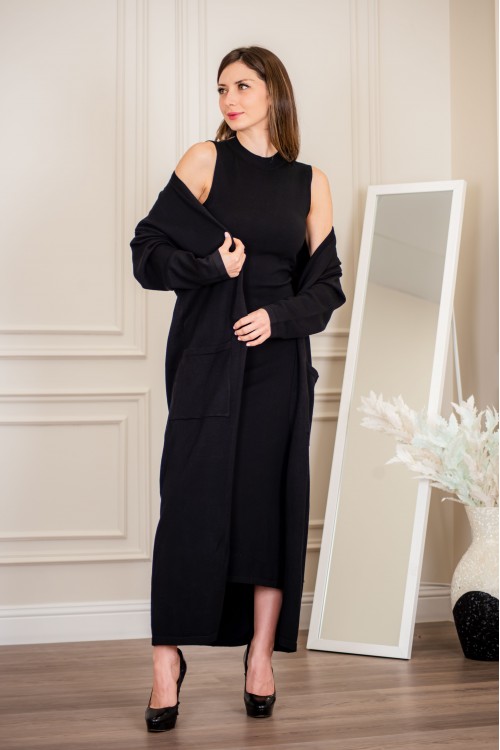 عباية شتوي نسائي تركي أنيقة لون أسود  مفتوحة من الأمام وجيوب من الأمام