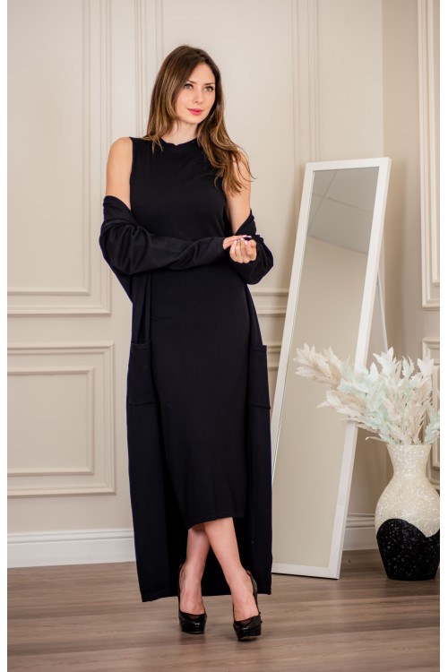 عباية شتوي نسائي تركي أنيقة لون أسود  مفتوحة من الأمام وجيوب من الأمام