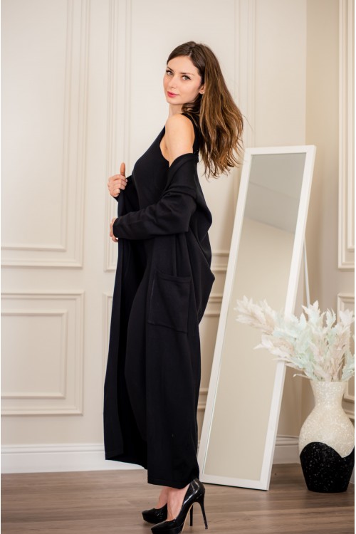 عباية شتوي نسائي تركي أنيقة لون أسود  مفتوحة من الأمام وجيوب من الأمام