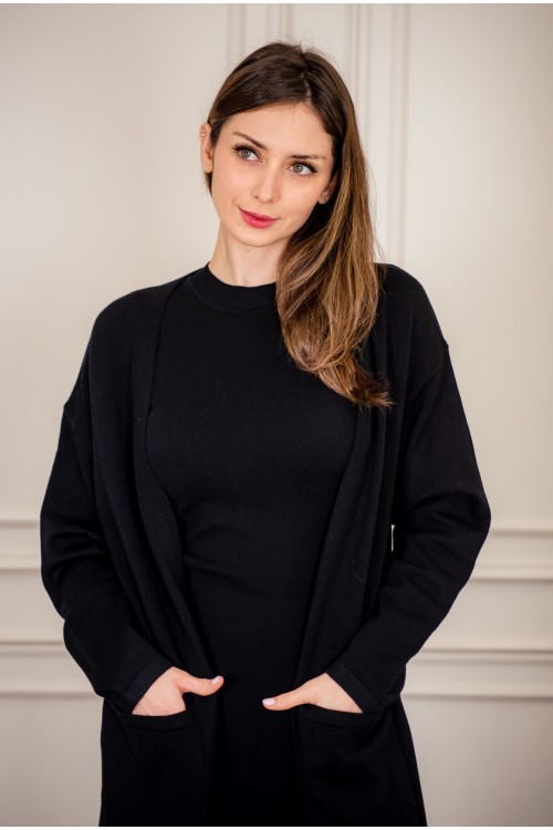 عباية شتوي نسائي تركي أنيقة لون أسود  مفتوحة من الأمام وجيوب من الأمام