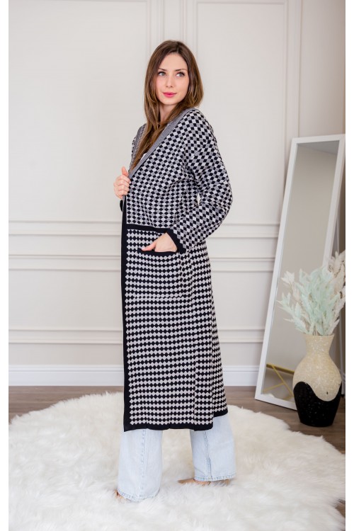 عباية شتوي نسائي تركي أنيقة لون أسود وأبيض ومفتوحة من الأمام ومتصلة بغطاء الرأس مع جيوب أمامية