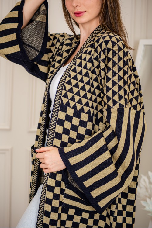 عباية شتوي نسائي تركي أنيقة لون أسود وبني ومفتوحة من الأمام بأكمام وسيعة مع جيوب أمامية