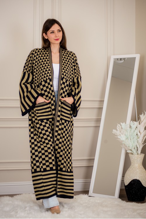 عباية شتوي نسائي تركي أنيقة لون أسود وبني ومفتوحة من الأمام بأكمام وسيعة مع جيوب أمامية