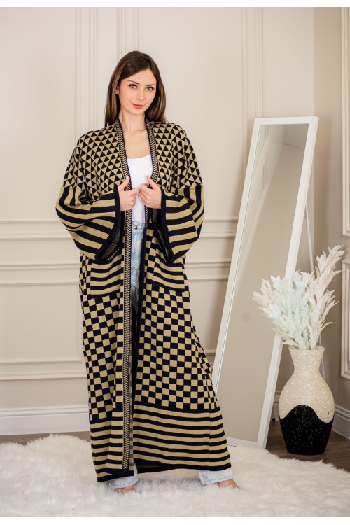 عباية شتوي نسائي تركي أنيقة لون أسود وبني ومفتوحة من الأمام بأكمام وسيعة مع جيوب أمامية