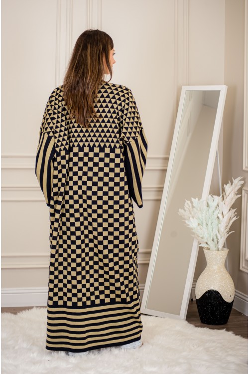 عباية شتوي نسائي تركي أنيقة لون أسود وبني ومفتوحة من الأمام بأكمام وسيعة مع جيوب أمامية