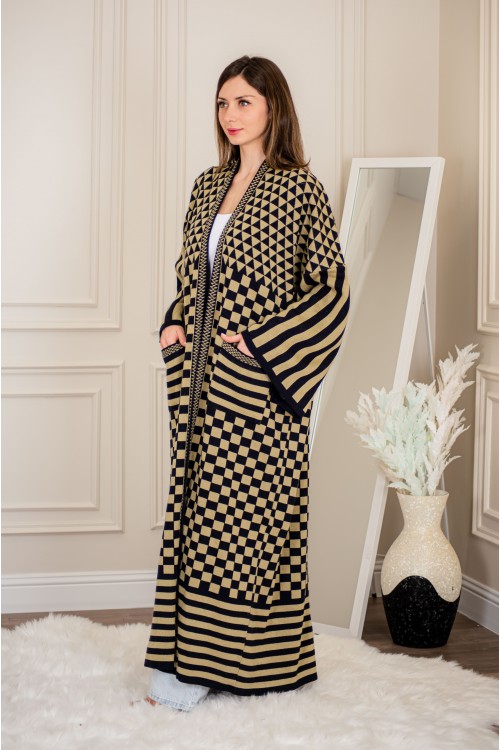 عباية شتوي نسائي تركي أنيقة لون أسود وبني ومفتوحة من الأمام بأكمام وسيعة مع جيوب أمامية