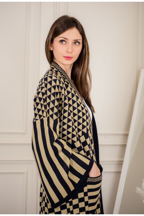 عباية شتوي نسائي تركي أنيقة لون أسود وبني ومفتوحة من الأمام بأكمام وسيعة مع جيوب أمامية