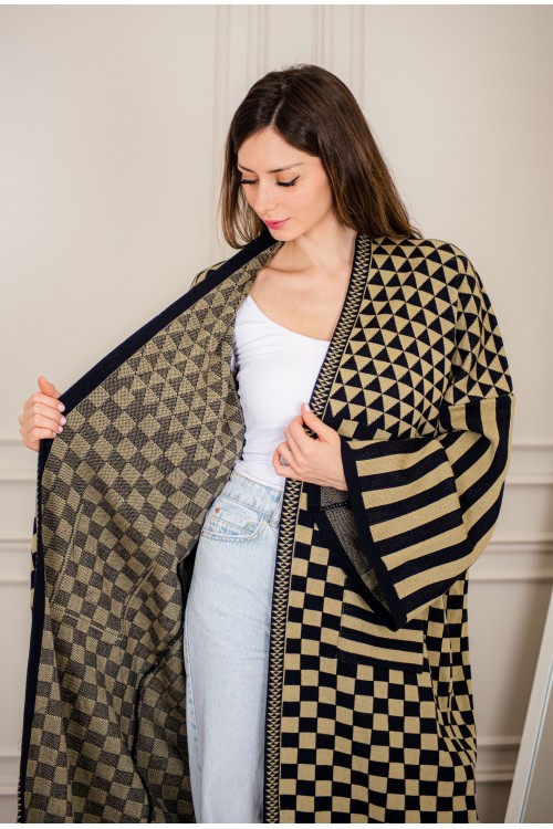 عباية شتوي نسائي تركي أنيقة لون أسود وبني ومفتوحة من الأمام بأكمام وسيعة مع جيوب أمامية