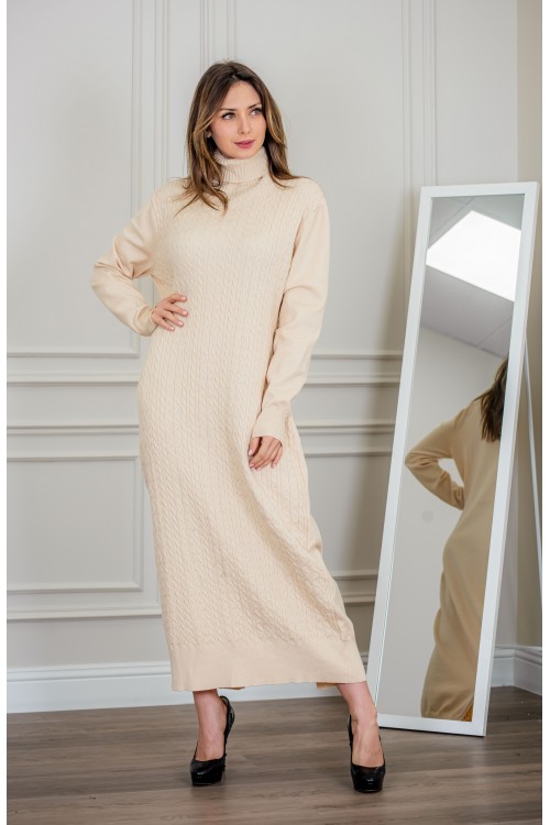 فستان شتوي نسائي طويل أنيق  بأكمام طويلة وياقة عالية