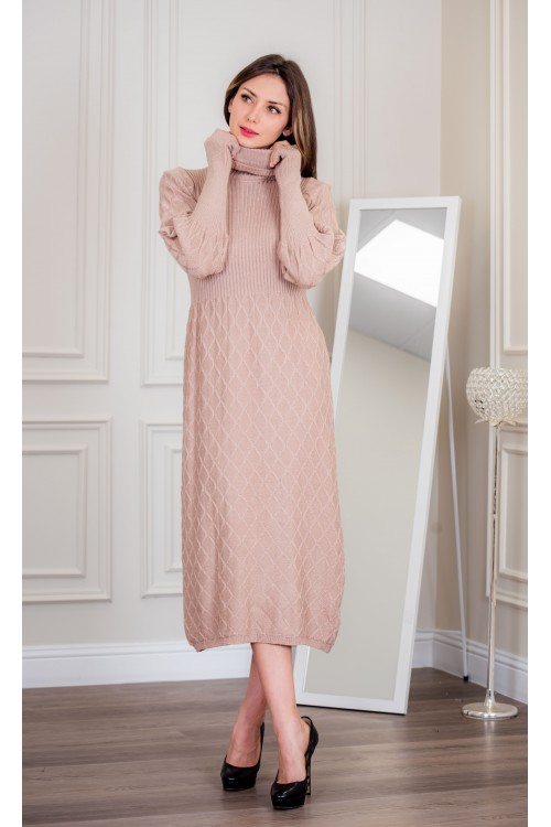 فستان شتوي نسائي طويل أنيق  بأكمام طويلة وياقة عالية
