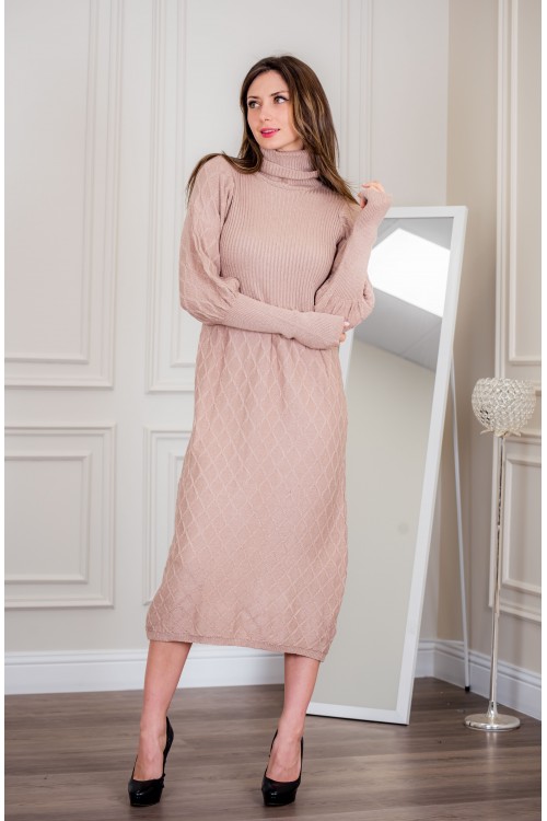 فستان شتوي نسائي طويل أنيق  بأكمام طويلة وياقة عالية