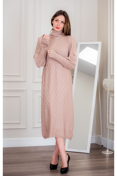 فستان شتوي نسائي طويل أنيق  بأكمام طويلة وياقة عالية