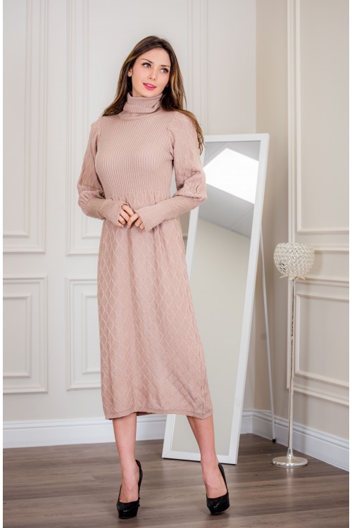 فستان شتوي نسائي طويل أنيق  بأكمام طويلة وياقة عالية