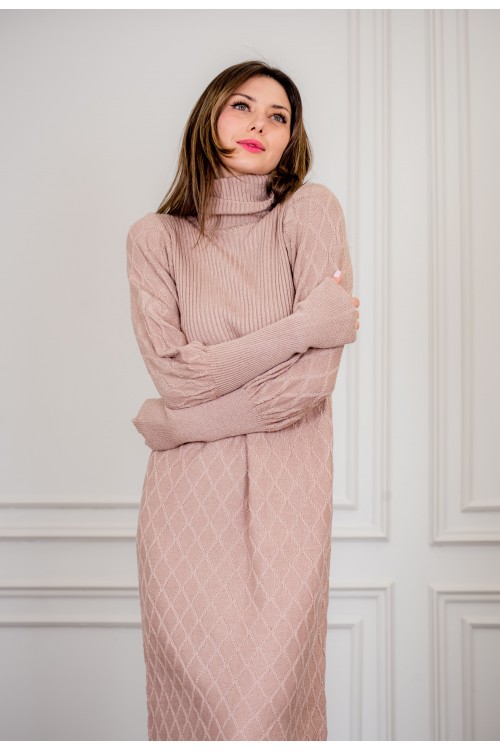 فستان شتوي نسائي طويل أنيق  بأكمام طويلة وياقة عالية