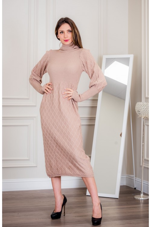فستان شتوي نسائي طويل أنيق  بأكمام طويلة وياقة عالية