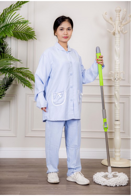 زي عاملة شتوي قطعتين أكمام طويلة وجيوب فيونكة و ياقة بازرار أمامية