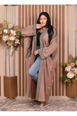 عباية نسائي شتوي بياقة لون بني مطرزة بنقوشات من الأمام والأكمام والجيوب