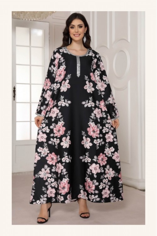 جلابية مخور نسائي انيقة قماش مشجر أكمام طويلة وفتحة صدر دائرية مطرزة بالكريستال