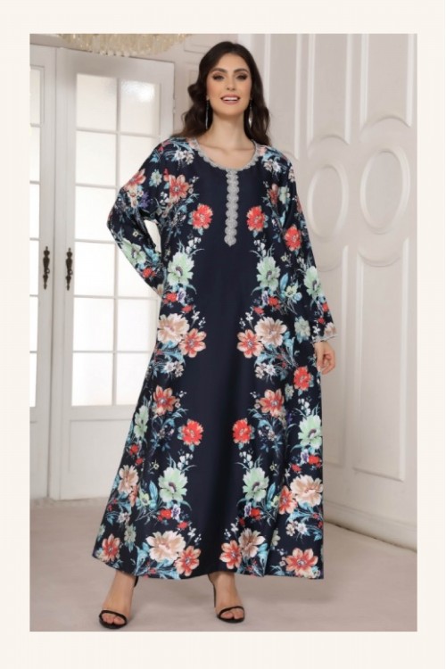 جلابية مخور نسائي انيقة قماش مشجر أكمام طويلة وفتحة صدر دائرية مطرزة بالكريستال