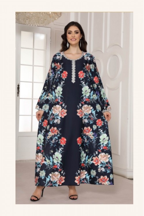 جلابية مخور نسائي انيقة قماش مشجر أكمام طويلة وفتحة صدر دائرية مطرزة بالكريستال